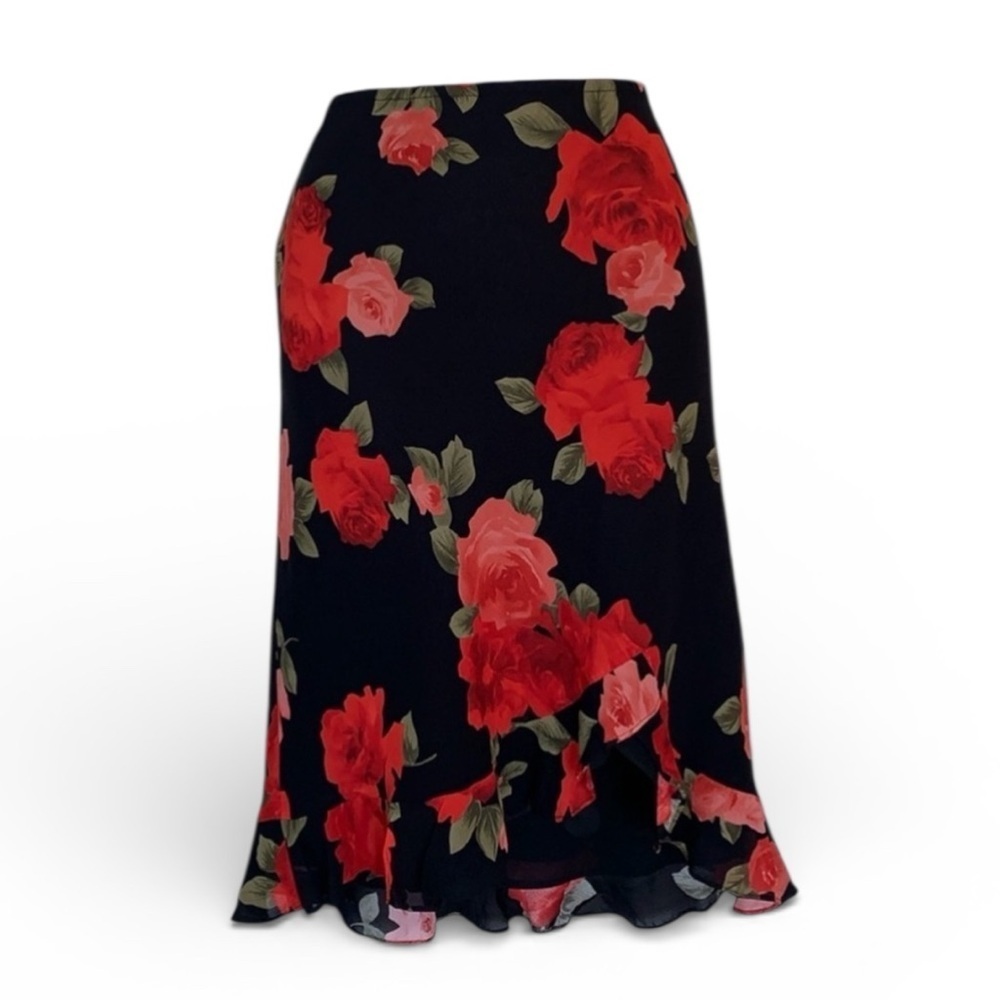 Donna Ricco skirt 4 EUC black, red flowers, pretty ruffled hem, sexy, Catarina
